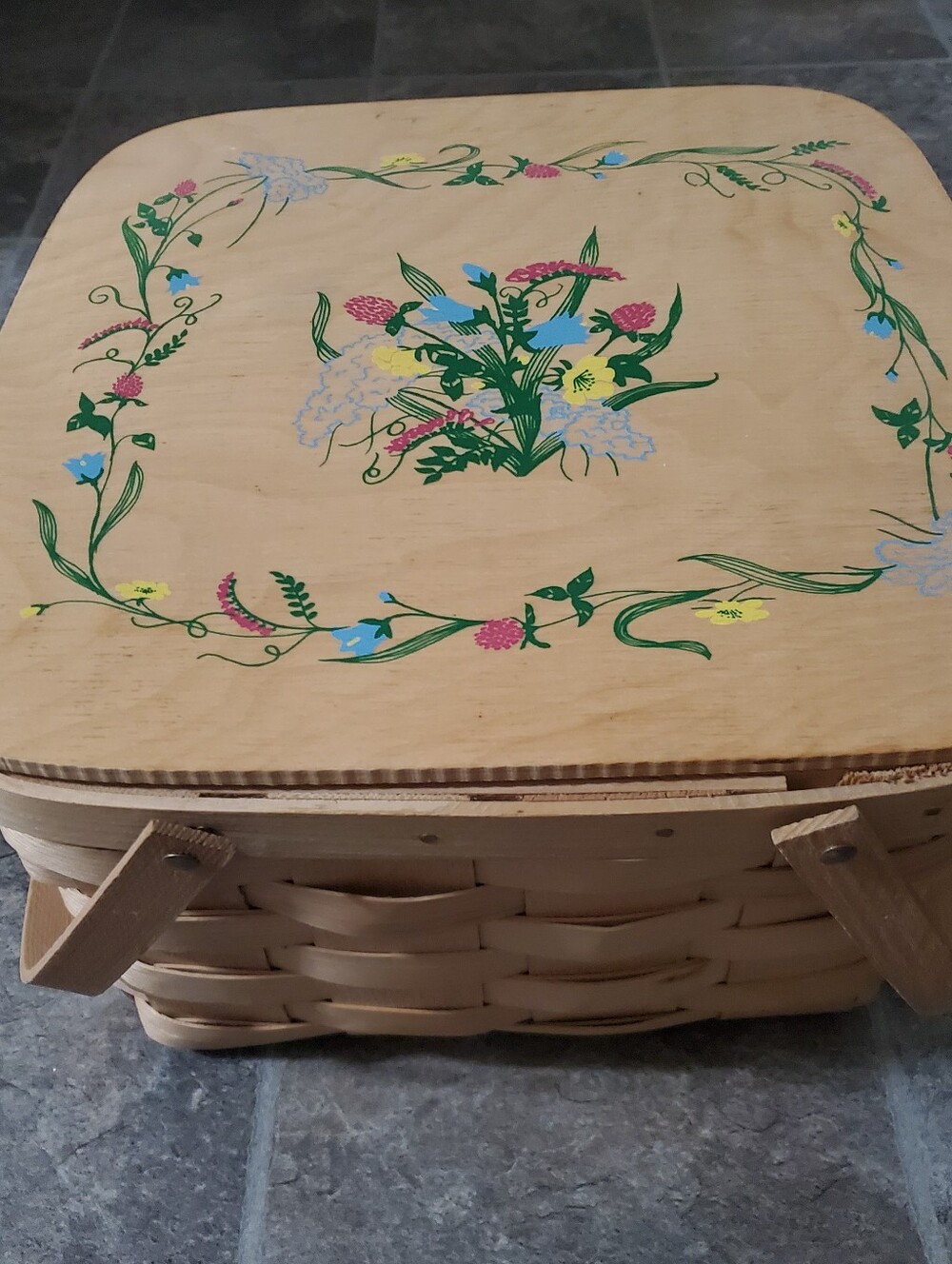 Basketville Double Pie Wood Basket for with Floral Design - Natural